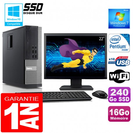 PC DELL 990 SFF Intel G840 Ram 16Go Disque 240 Go SSD Wifi W7 Ecran 22"