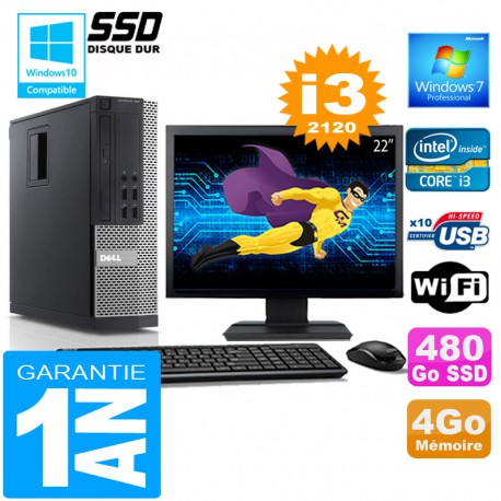 PC DELL 990 SFF Core I3-2120 Ram 4Go Disque 480 Go SSD Wifi W7 Ecran 22"