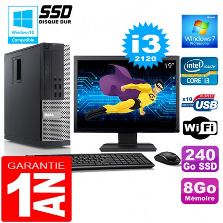 PC DELL 990 SFF Core I3-2120 Ram 8Go Disque 240 Go SSD Wifi W7 Ecran 19"