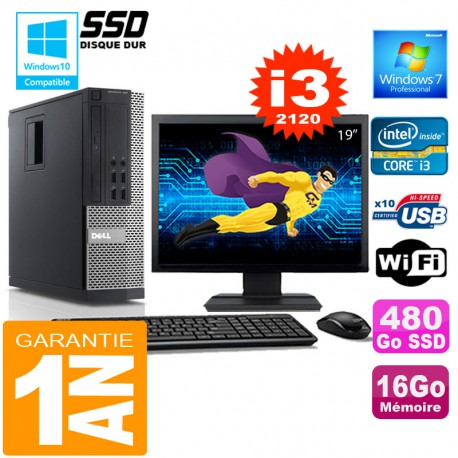 PC DELL 990 SFF Core I3-2120 Ram 16Go Disque 480 Go SSD Wifi W7 Ecran 19"