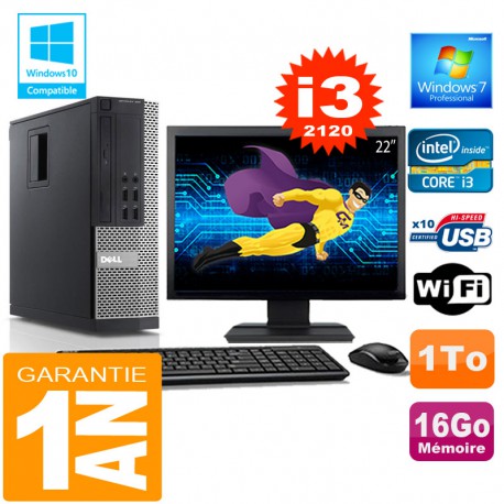 PC DELL 990 SFF Core I3-2120 Ram 16Go Disque 1 To Wifi W7 Ecran 22"