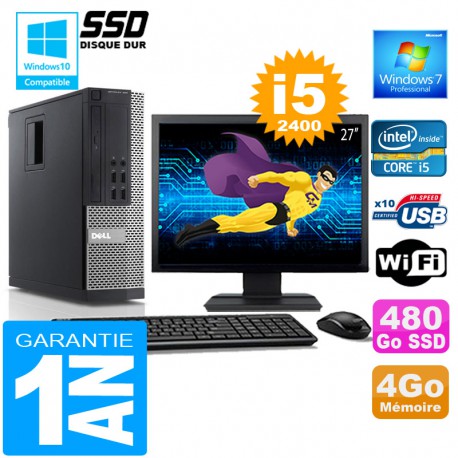 PC DELL 990 SFF Core I5-2400 Ram 4Go Disque 480 Go SSD Wifi W7 Ecran 27"