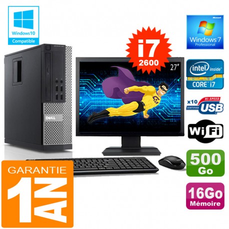 PC DELL 990 SFF Core I7-2600 Ram 16Go Disque 500 Go Wifi W7 Ecran 27"
