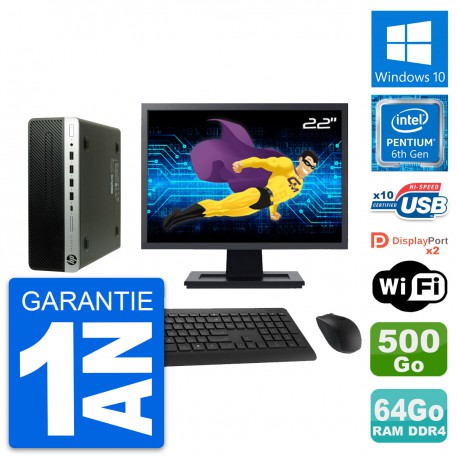 PC HP 600 G3 SFF Ecran 22" Intel G4400 RAM 64Go Disque Dur 500Go Windows 10 Wifi