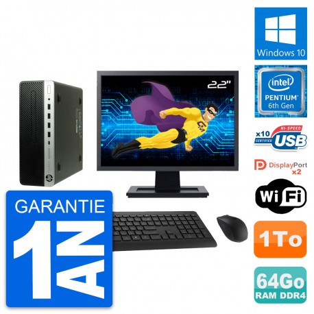 PC HP 600 G3 SFF Ecran 22" Intel G4400 RAM 64Go Disque Dur 1To Windows 10 Wifi