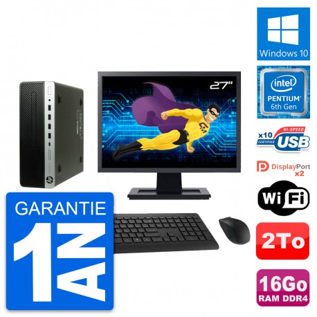 PC HP 600 G3 SFF Ecran 27" Intel G4400 RAM 16Go Disque Dur 2To Windows 10 Wifi