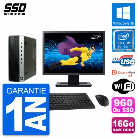 PC HP ProDesk 600 G3 SFF Ecran 27" G4400 RAM 16Go SSD 960Go Windows 10 Wifi