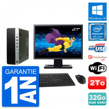 PC HP 600 G3 SFF Ecran 27" Intel G4400 RAM 32Go Disque Dur 2To Windows 10 Wifi
