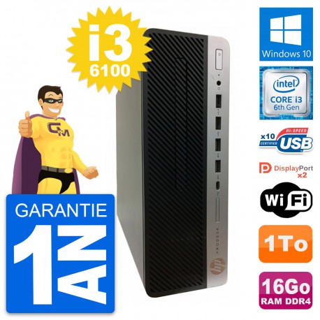 PC HP ProDesk 600 G3 SFF Intel i3-6100 RAM 16Go Disque Dur 1To Windows 10 Wifi