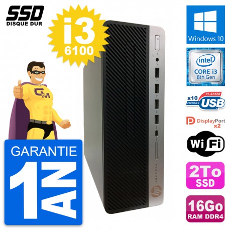 PC HP ProDesk 600 G3 SFF Intel Core i3-6100 RAM 16Go SSD 2To Windows 10 Wifi