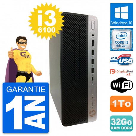 PC HP ProDesk 600 G3 SFF Intel Core i3-6100 RAM 32Go Disque 1To Windows 10 Wifi