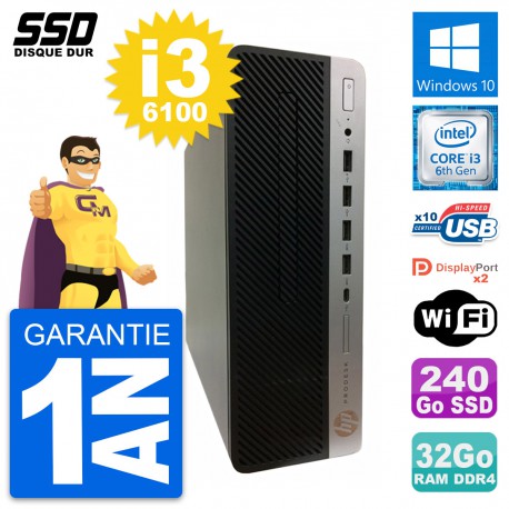 PC HP ProDesk 600 G3 SFF Intel Core i3-6100 RAM 32Go SSD 240Go Windows 10 Wifi