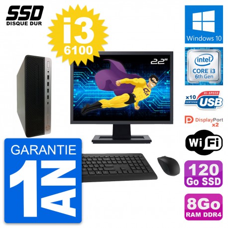 PC HP ProDesk 600 G3 SFF Ecran 22" i3-6100 RAM 8Go SSD 120Go Windows 10 Wifi