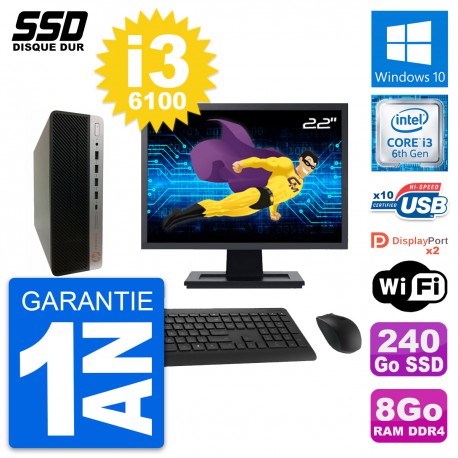 PC HP ProDesk 600 G3 SFF Ecran 22" i3-6100 RAM 8Go SSD 240Go Windows 10 Wifi
