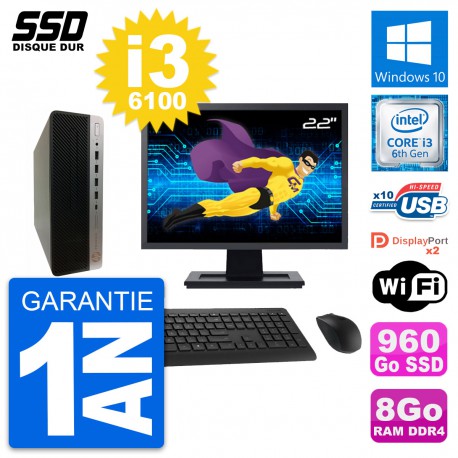 PC HP ProDesk 600 G3 SFF Ecran 22" i3-6100 RAM 8Go SSD 960Go Windows 10 Wifi