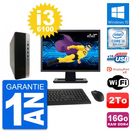 PC HP 600 G3 SFF Ecran 22" Intel i3-6100 RAM 16Go Disque Dur 2To Windows 10 Wifi