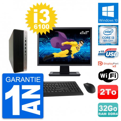 PC HP 600 G3 SFF Ecran 22" Intel i3-6100 RAM 32Go Disque Dur 2To Windows 10 Wifi