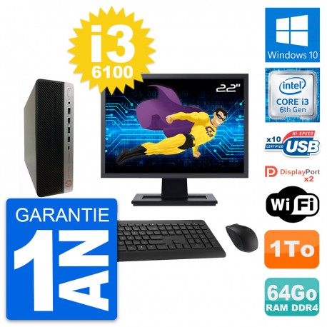 PC HP 600 G3 SFF Ecran 22" Intel i3-6100 RAM 64Go Disque Dur 1To Windows 10 Wifi