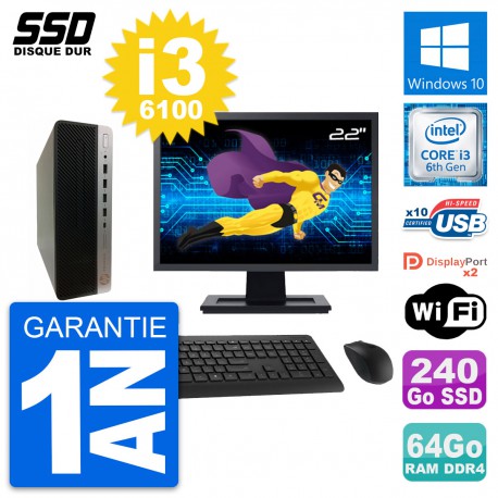 PC HP ProDesk 600 G3 SFF Ecran 22" i3-6100 RAM 64Go SSD 240Go Windows 10 Wifi
