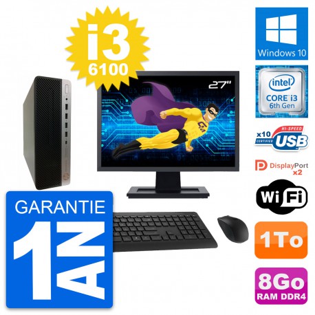 PC HP ProDesk 600 G3 SFF Ecran 27" i3-6100 RAM 8Go Disque 1To Windows 10 Wifi