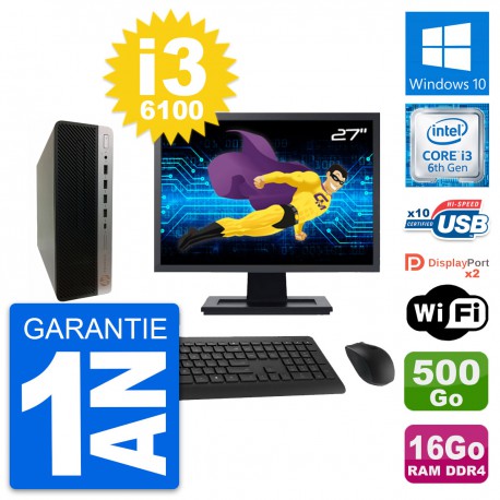 PC HP 600 G3 SFF Ecran 27" Intel i3-6100 RAM 16Go Disque 500Go Windows 10 Wifi