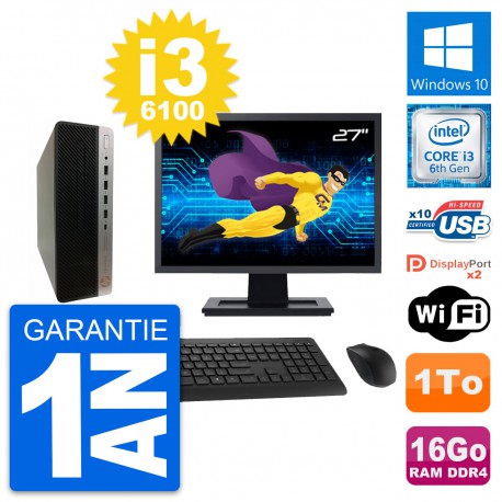 PC HP 600 G3 SFF Ecran 27" Intel i3-6100 RAM 16Go Disque Dur 1To Windows 10 Wifi