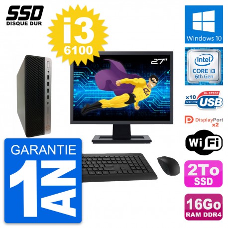 PC HP ProDesk 600 G3 SFF Ecran 27" Core i3-6100 RAM 16Go SSD 2To Windows 10 Wifi