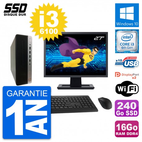 PC HP ProDesk 600 G3 SFF Ecran 27" i3-6100 RAM 16Go SSD 240Go Windows 10 Wifi