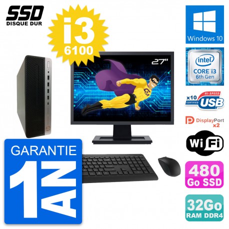PC HP ProDesk 600 G3 SFF Ecran 27" i3-6100 RAM 32Go SSD 480Go Windows 10 Wifi