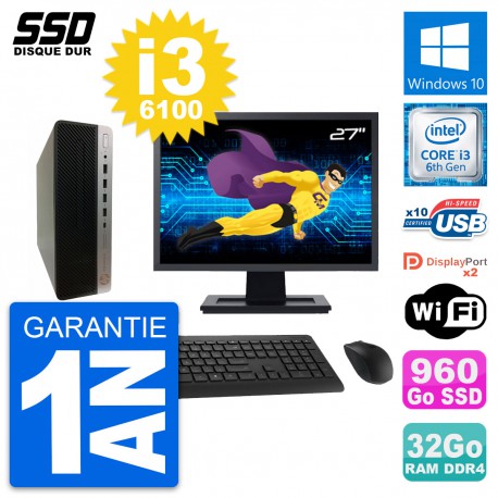 PC HP ProDesk 600 G3 SFF Ecran 27" i3-6100 RAM 32Go SSD 960Go Windows 10 Wifi
