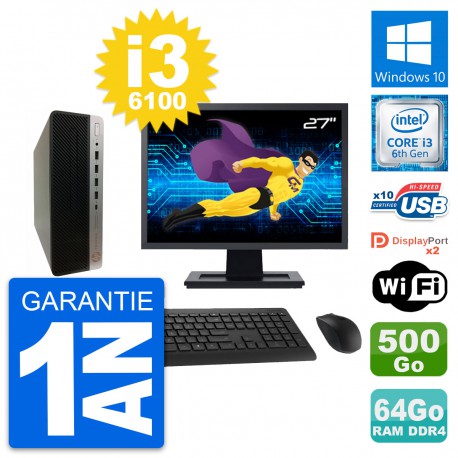PC HP 600 G3 SFF Ecran 27" Intel i3-6100 RAM 64Go Disque 500Go Windows 10 Wifi