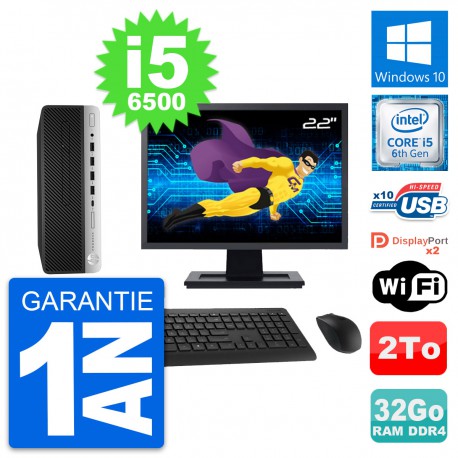 PC HP 600 G3 SFF Ecran 22" Intel i5-6500 RAM 32Go Disque Dur 2To Windows 10 Wifi