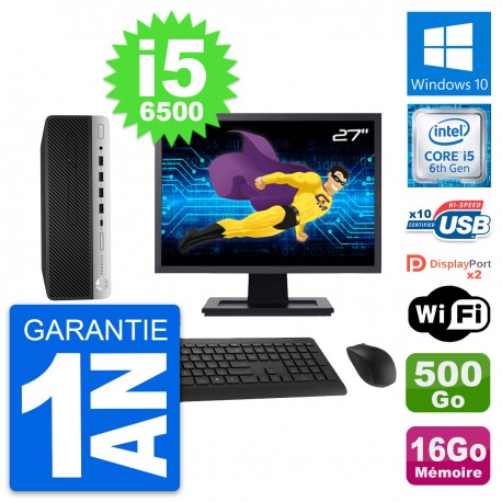 PC HP 600 G3 SFF Ecran 27" Intel i5-6500 RAM 16Go Disque 500Go Windows 10 Wifi