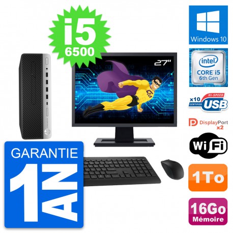 PC HP 600 G3 SFF Ecran 27" Intel i5-6500 RAM 16Go Disque Dur 1To Windows 10 Wifi