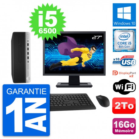 PC HP 600 G3 SFF Ecran 27" Intel i5-6500 RAM 16Go Disque Dur 2To Windows 10 Wifi