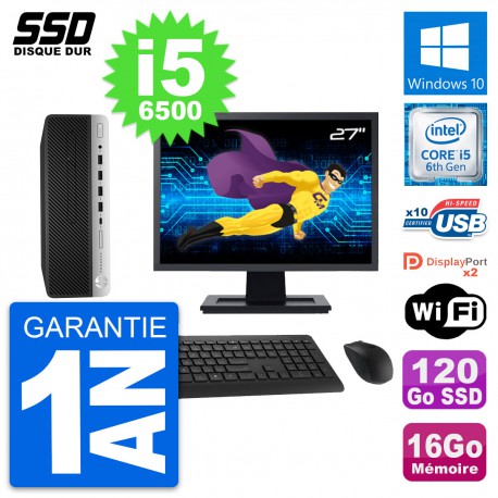 PC HP ProDesk 600 G3 SFF Ecran 27" i5-6500 RAM 16Go SSD 120Go Windows 10 Wifi