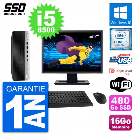 PC HP ProDesk 600 G3 SFF Ecran 27" i5-6500 RAM 16Go SSD 480Go Windows 10 Wifi