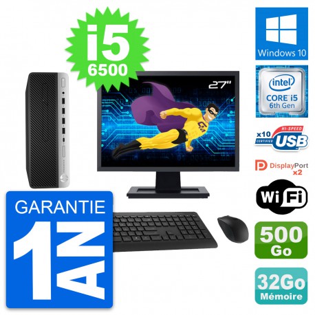 PC HP 600 G3 SFF Ecran 27" Intel i5-6500 RAM 32Go Disque 500Go Windows 10 Wifi