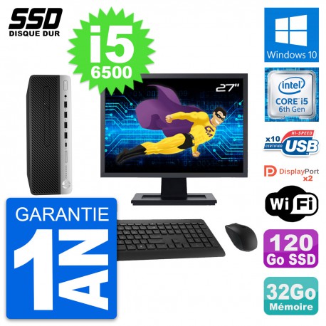 PC HP ProDesk 600 G3 SFF Ecran 27" i5-6500 RAM 32Go SSD 120Go Windows 10 Wifi