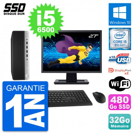 PC HP ProDesk 600 G3 SFF Ecran 27" i5-6500 RAM 32Go SSD 480Go Windows 10 Wifi