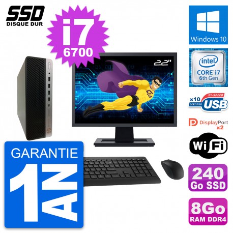 PC HP ProDesk 600 G3 SFF Ecran 22" i7-6700 RAM 8Go SSD 240Go Windows 10 Wifi