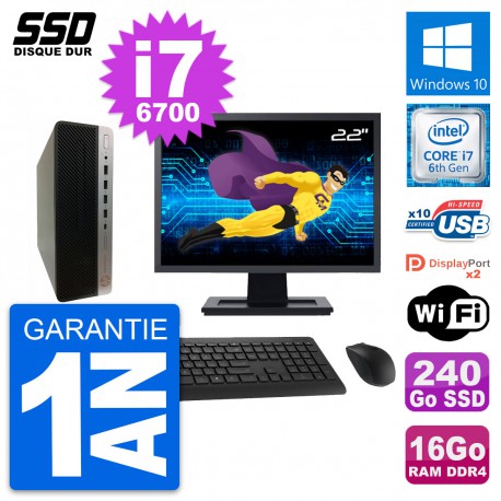 PC HP ProDesk 600 G3 SFF Ecran 22" i7-6700 RAM 16Go SSD 240Go Windows 10 Wifi