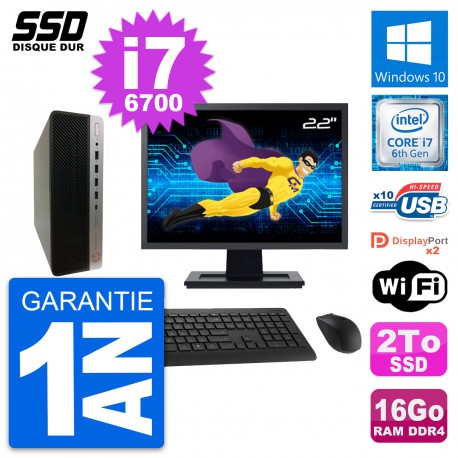 PC HP ProDesk 600 G3 SFF Ecran 22" Core i7-6700 RAM 16Go SSD 2To Windows 10 Wifi