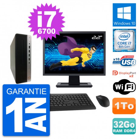 PC HP 600 G3 SFF Ecran 22" Intel i7-6700 RAM 32Go Disque Dur 1To Windows 10 Wifi