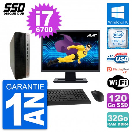 PC HP ProDesk 600 G3 SFF Ecran 22" i7-6700 RAM 32Go SSD 120Go Windows 10 Wifi
