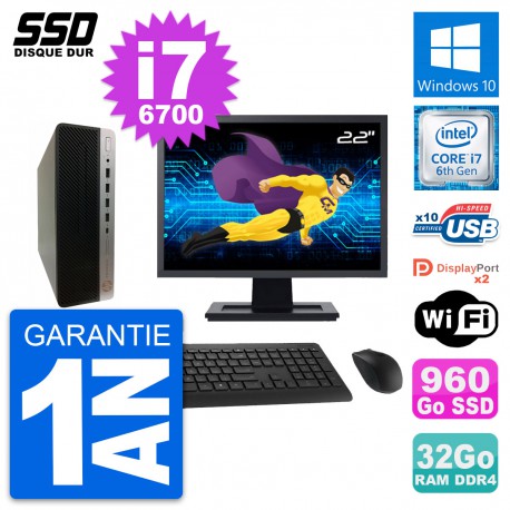PC HP ProDesk 600 G3 SFF Ecran 22" i7-6700 RAM 32Go SSD 960Go Windows 10 Wifi