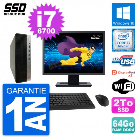 PC HP ProDesk 600 G3 SFF Ecran 22" Core i7-6700 RAM 64Go SSD 2To Windows 10 Wifi