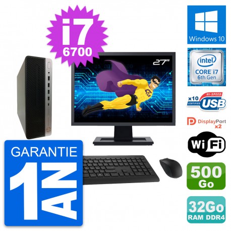 PC HP 600 G3 SFF Ecran 27" Intel i7-6700 RAM 32Go Disque 500Go Windows 10 Wifi