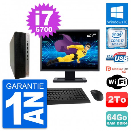 PC HP 600 G3 SFF Ecran 27" Intel i7-6700 RAM 64Go Disque Dur 2To Windows 10 Wifi