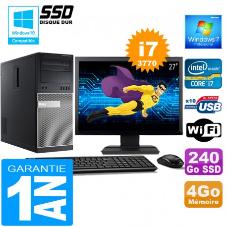 PC Tour DELL 7010 Core I7-3770 Ram 4Go Disque 240 Go SSD Wifi W7 Ecran 27"